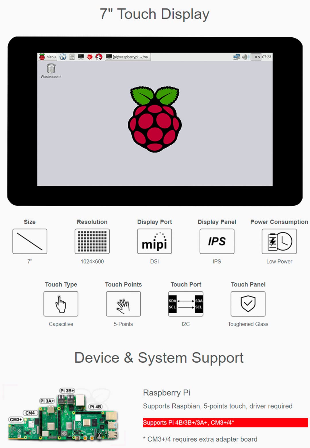 Amazon.co.jp: waveshare 7インチ DSI LCD 1024×600 タッチスクリーン